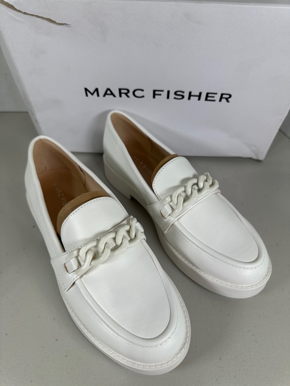 Marc Fisher White Chain-Detail Loafers